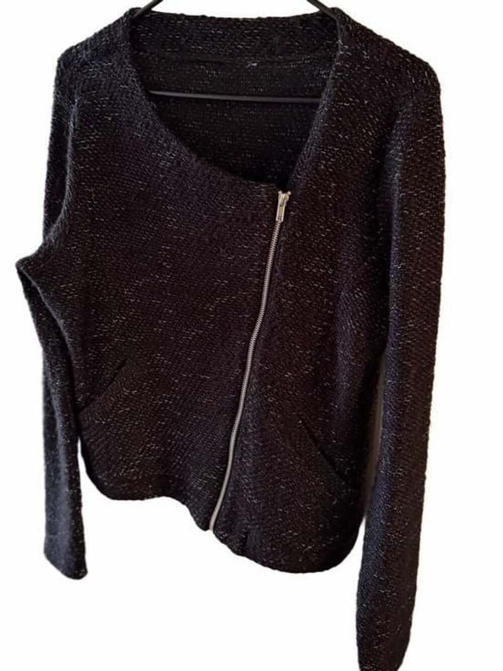 H&M Black Metallic Asymmetric Zip Jacket Sweater